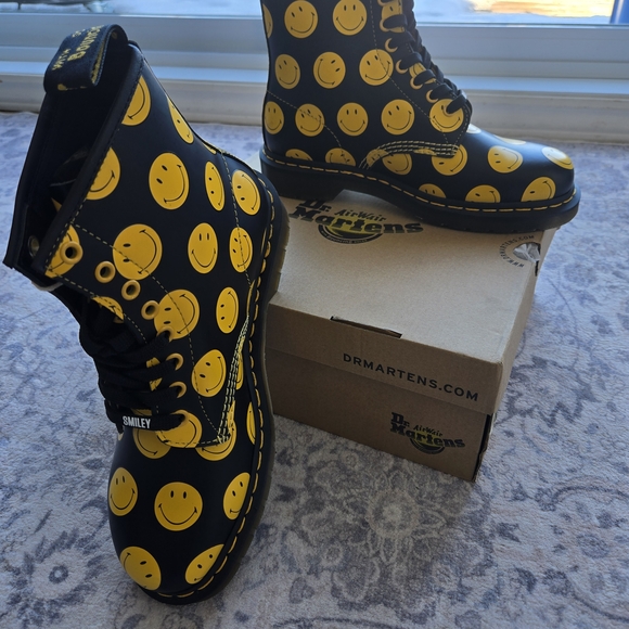 Dr. Martens Shoes - Dr. Martens Smiley Face Black & Yellow 8-Eye Boots